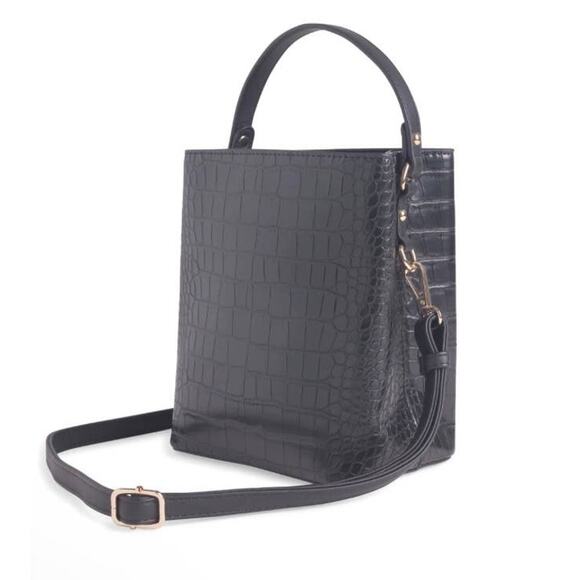 AOTA Elena Black Bucket Croc-Embossed Convertible Hand Crossbody Vegan Bag NEW - Picture 1 of 7
